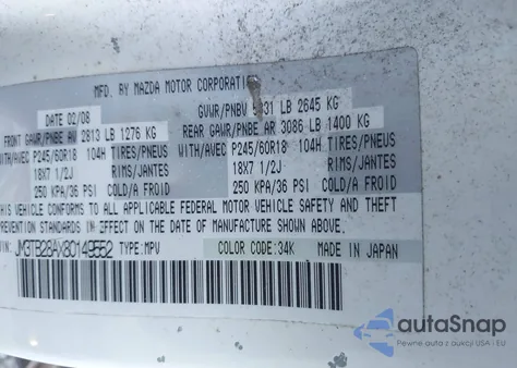 2008 Mazda Cx-9 Touring from USA, damaged, VIN JM3TB28AX80149552